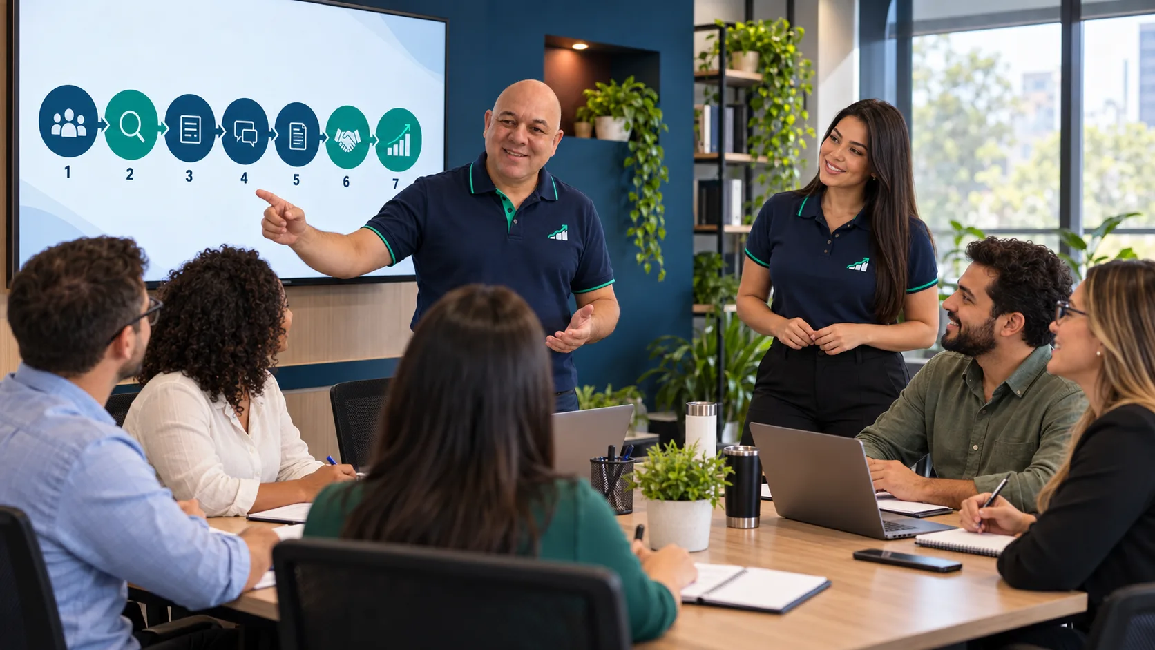 Cena ilustrativa de capacitação de uma equipe no método Fluxo de Vendas.